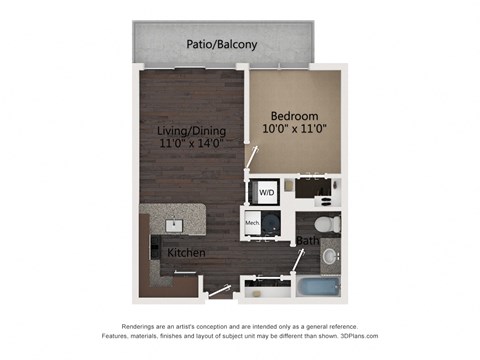 Floor plan for 1 bed, 1 bath, 559 sqft